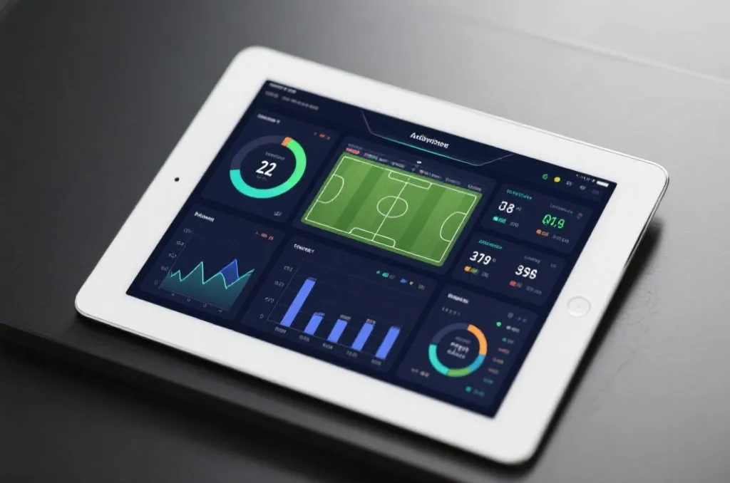 A clean modern digital dashboard showing soccer match statistics and abstract data graphs on a tablet screen, professional sports analytics theme